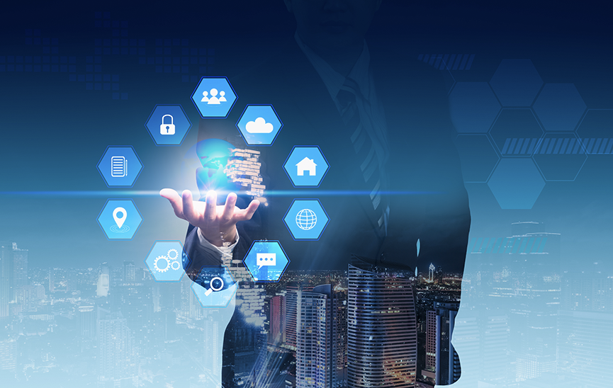 Conceptual image of man with palm up to a circle of icons representing digital transformation