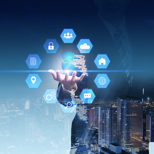 Conceptual image of man with palm up to a circle of icons representing digital transformation