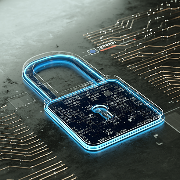 Conceptual image of padlock on a circuit board representing full-stack application security